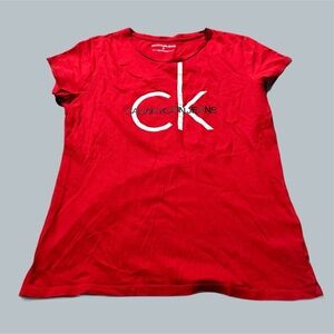Calvin Klein Women's Top T Shirt bright red logo design round neck medium